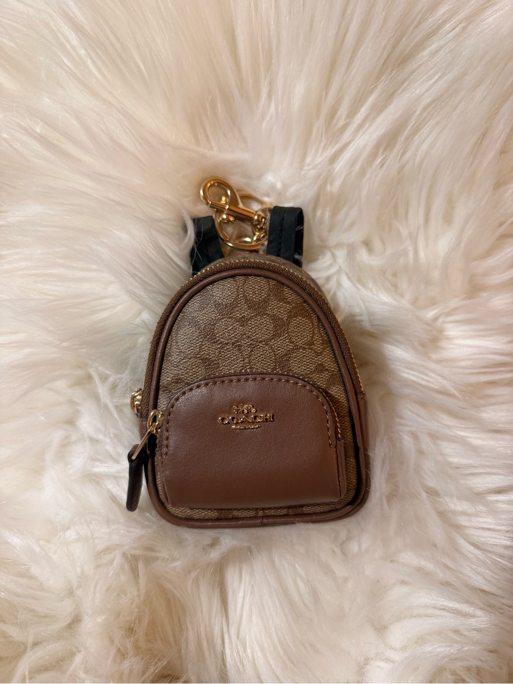 Coach Brown Signature Mini Backpack Keyring with Gold Hardware